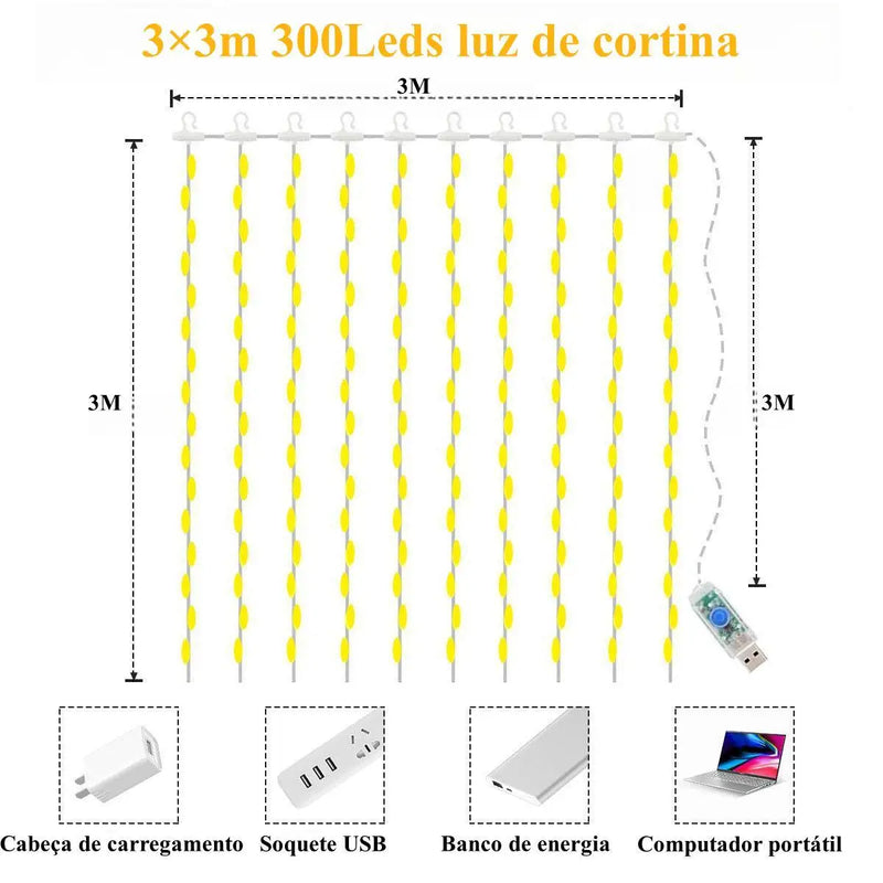 Cortina de Luz Led 3x3m Decoração de Natal, Casamentos, Festas 300 Leads Com 8 Modos de Iluminação