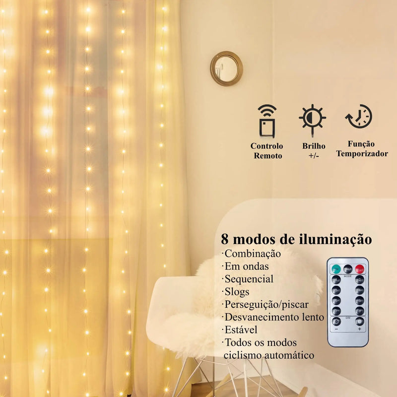 Cortina de Luz Led 3x3m Decoração de Natal, Casamentos, Festas 300 Leads Com 8 Modos de Iluminação